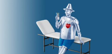 Man made of tin leaning on a medical examination table, holding a brochure.